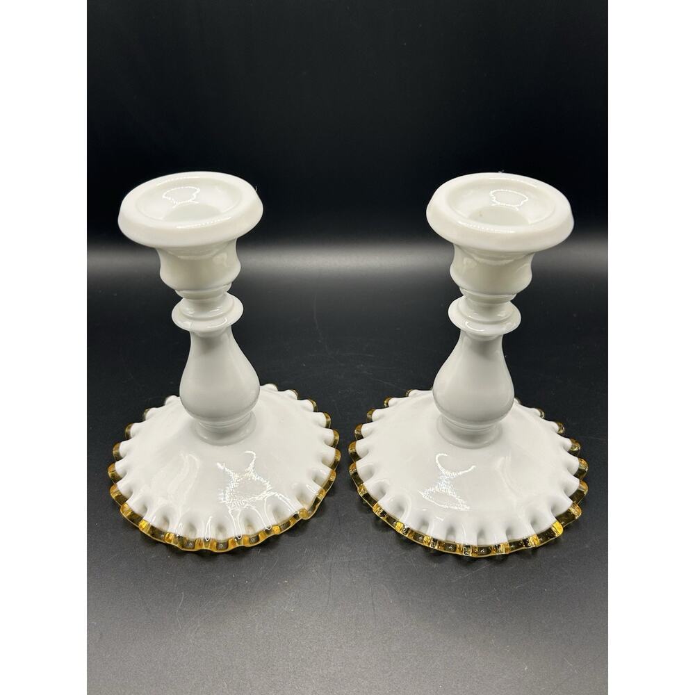 Vintage Fenton Gold Crest 6” Candlesticks Set Of 2 Milk Glass Ruffled MCM